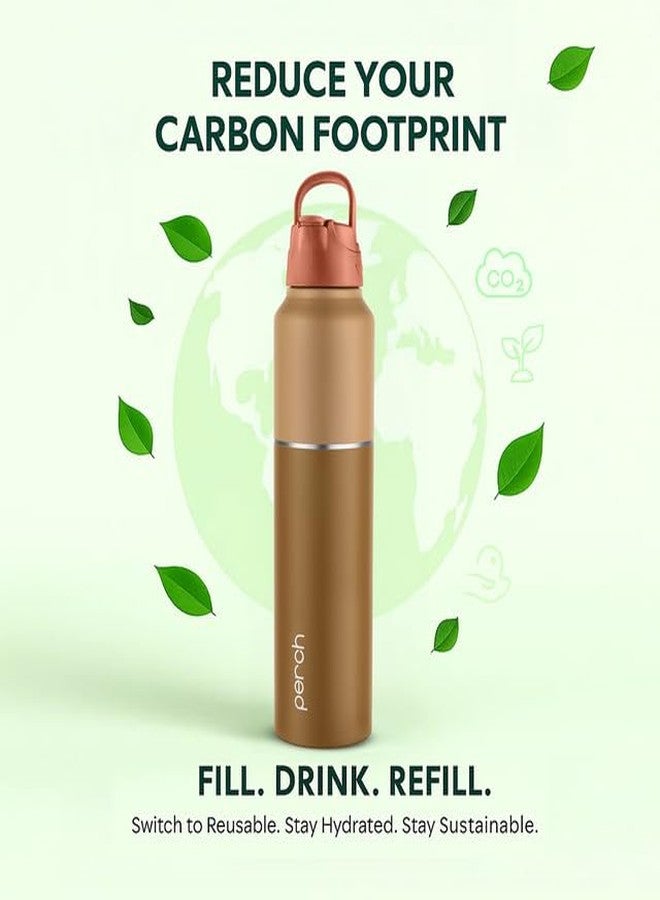 perch زجاجة مياه بيرش ماجيك المصنوعة من الفولاذ المقاوم للصدأ، سعة 1 لتر، حاصلة على شهادة ISI | مزودة بغطاء مزدوج ومنظف للمصاصة | زجاجة ثلاجة بجدار واحد | خالية من مادة BPA | صغيرة الحجم وسهلة الحمل | مثالية للسفر، والنادي الرياضي، والمدرسة - بني - Image 3